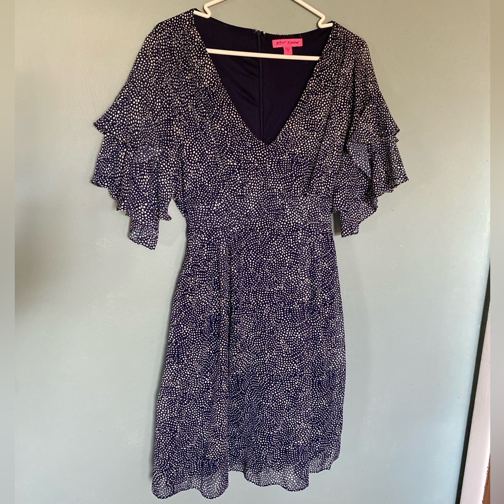 Betsey Johnson Navy Polka Dot Gold Fleck V-Neck Tie Back Cocktail Dress Size 14